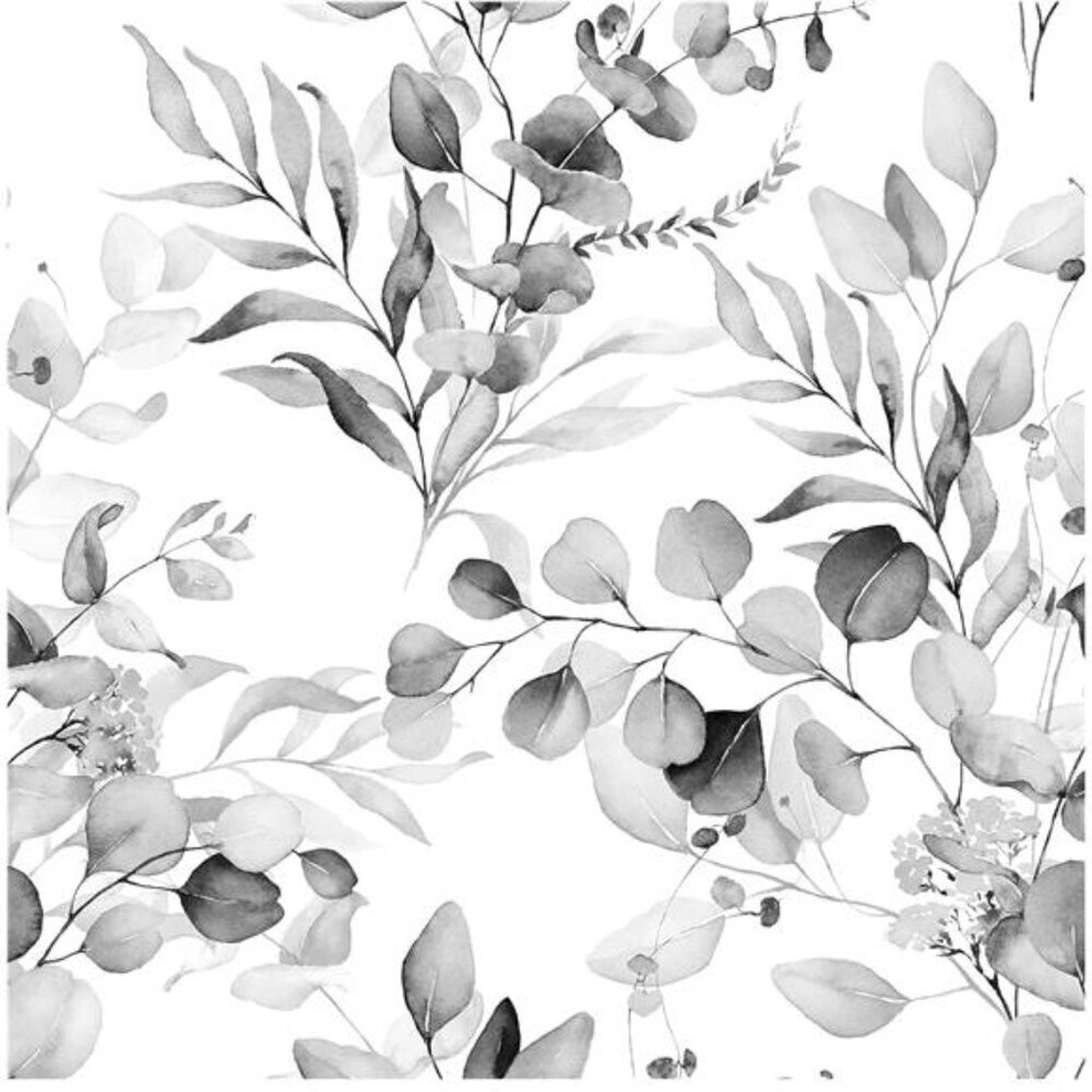 Boho Peel and Stick Wallpaper Eucalyptus Leaf Black Grey